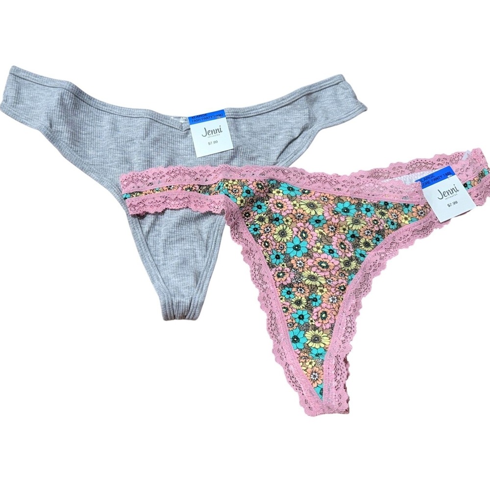 Jenni Intimates XL Thong Panties 2-Pack Floral Lace Trim Ribbed Gray NEW
